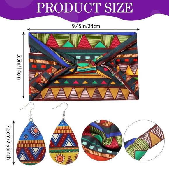 African Boho Print Headband Set Faux Leather Earrings for Women Bright Pattern main image 5